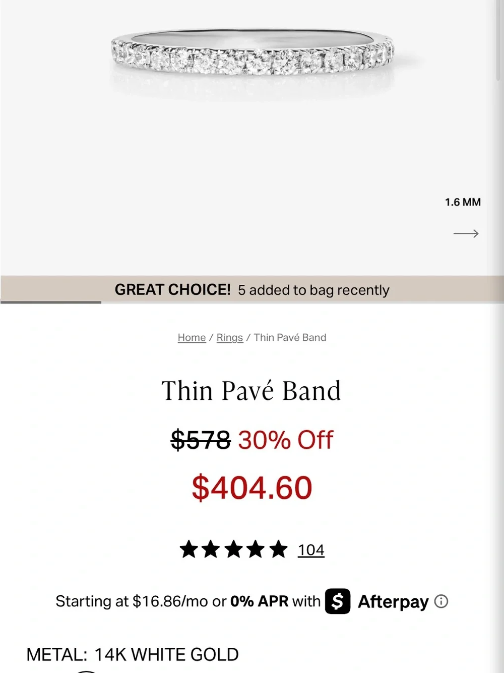 Ring Concierge Thin Pave 14K White Gold Half Eternity Band, Size 7